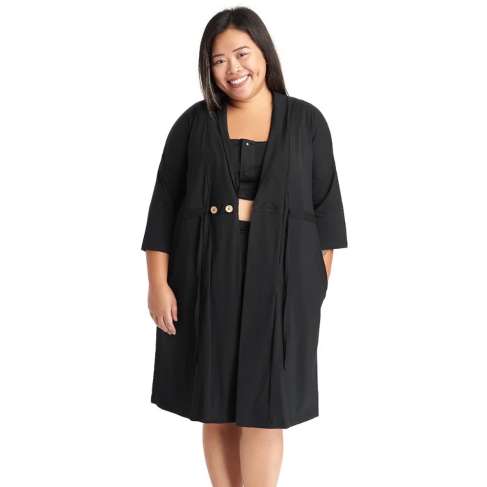 Plus Size Black Long Robe with Button interior and exterior pockets